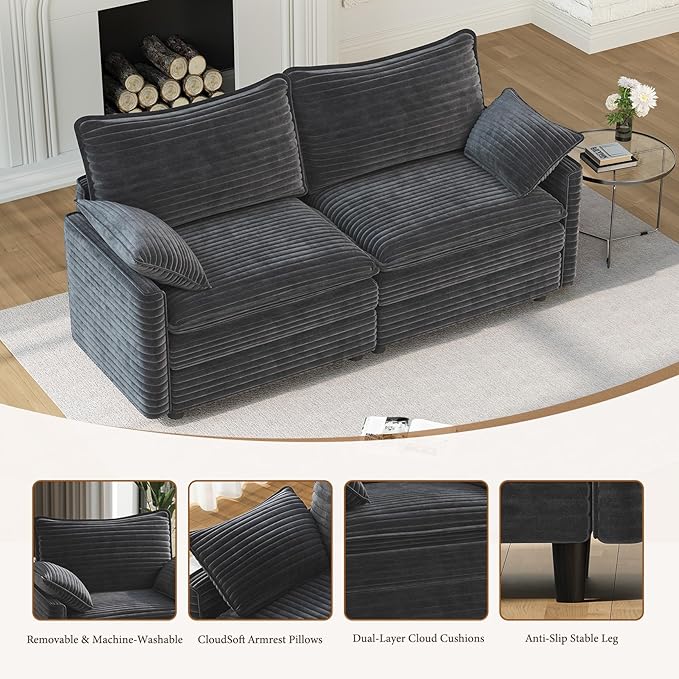 Vesgantti 74" Loveseat Sofa for Living Room, Comfy Cloud Couch Deep Seat Corduroy Modern 2 Seater Small Sofa with Armrest Pillow, Easy Assembly for Small Spaces, Gray | Sink-in Comfort, Height Adjustable, Easy Rearrangement, Extra-deep Ottoman, Solid W...