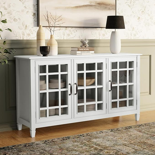 SIMPLIHOME Connaught Storage Cabinet - 60 inch Wide Solid Wood Buffet in White, Traditional Sideboard for Dining Room, Entryway, or Living Room with Glass Doors, Adjustable Shelves, and Notched Legs