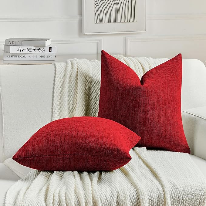 FUTEI Red Chenille Decorative Throw Pillow Covers 24x24 Inch Set of 2,Soft Cozy Faux Linen Textured European Pillow Shams,Farmhouse Home Decor for Couch Living Room