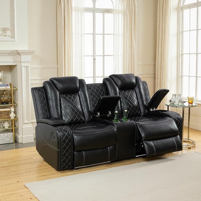 Power Recliner Sofa and Loveseat Set, Breathing Leather Living Room Set, 2 Piece Reclining Couch Set with LED Lighting/Cup Holders/Storage/USB Port (Black)
