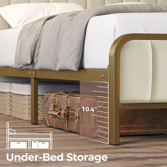 Rolanstar Full Size Bed Frame with LED Light and Charging Station, Upholstered Headboard and Footboard, Metal Slat, Noise Free, Easy Assembly, Golden