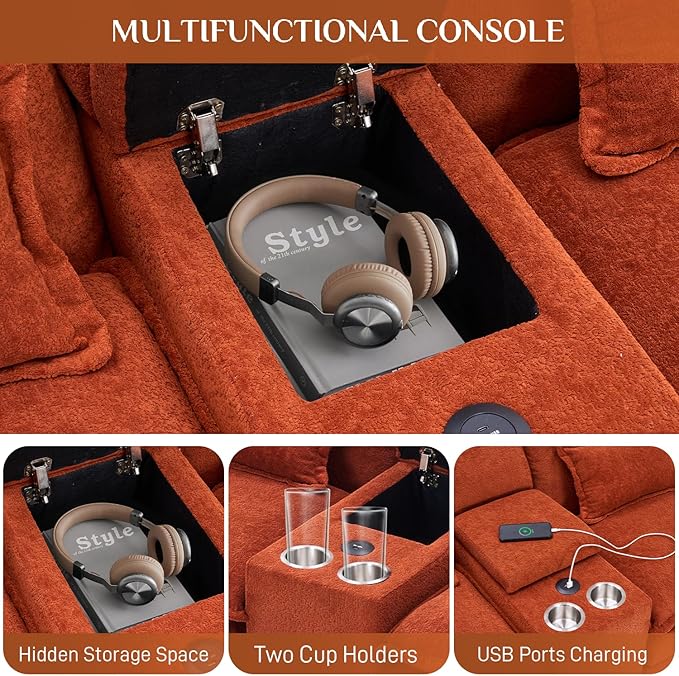 133" Oversized U Shaped Cloud Couch Modular Sectional Couches for Living Room Comfy Chenille Deep Seat Sofa Set with Double Chaise Lounge, Storage Central Console, Cup Holders, USB Port, Orange