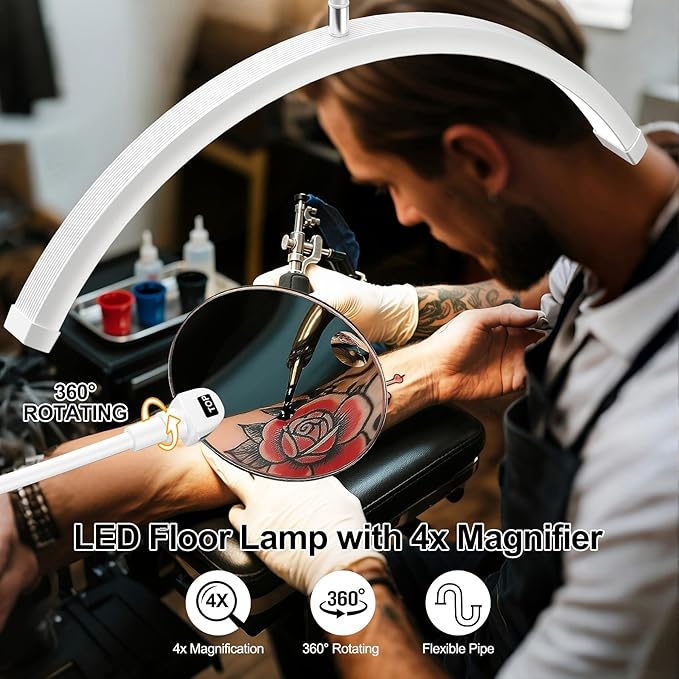 AURELLE Half Moon Lash Light - Adjustable LED Floor Lash Lamp with 4X Magnifier & Phone Holder for Eyelash Extensions,Nail Art,Tattoo,Skincare,Salon SPA-Dimmable Brightness,Rotating Head, White