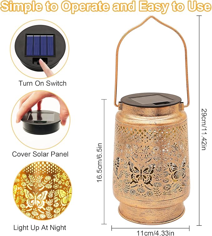 2 Pack Solar Lanterns Outdoor Butterfly Garden Decor, Gifts for Women Mom Grandma Birthday, Waterproof Metal Hanging Solar Lights LED Decoration with Shepherd Hook Outside for Yard Patio Lawn Porch