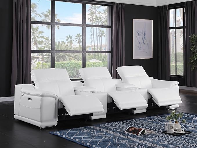 BlackJack Furniture Venice Top Grain Italian Leather Power Recline 5 Piece Sofa - 134" Theater Seating Modern Couch for Living Room Apartment Lounge Home with Adjustable Headrests & USB Port, White