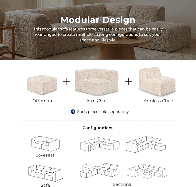 Furniture of America Havyn Modern Faux Fur 1-Seater Square Modular Foam Ottoman, Compressed Couch in a Box, No Assembly Required, for Living Room and Office, Taupe
