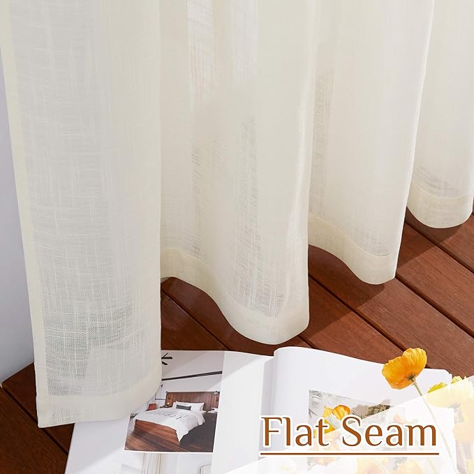NICETOWN Faux Linen Sheer Curtains 80 inch Length for Doorway, Rod Pocket & Back Tab Semi Sheer with Light Through Window Treatments for Farmhouse/Bedroom, Natural, W34 x L80, Set of 2