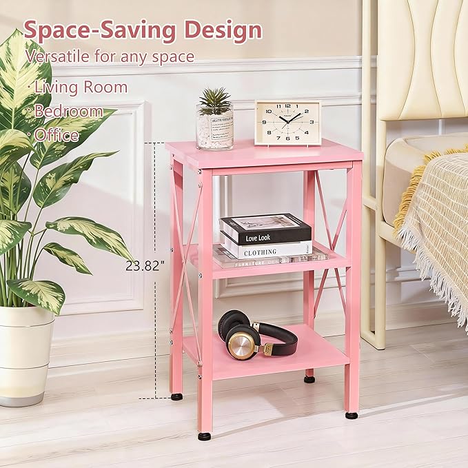 VECELO End Table Set of 2, Nightstand, 24" Tall Living Room Side Tables, X-Design Reinforced Bedside Table, Nightstands with 3-Tier Storage Shelves for Small Spaces, Office, Bathroom, Bedroom, Pink