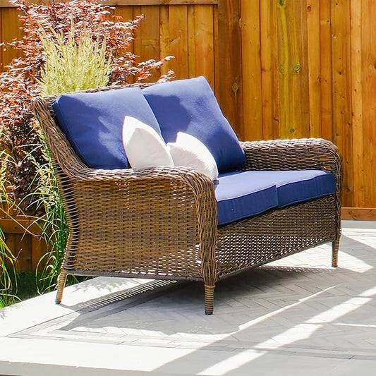 Cambridge Outdoor Wicker Loveseat Sofa: All-Weather HDPE Rattan Resin Furniture Patio Couch w/CushionGuard, Midnight Navy Blue