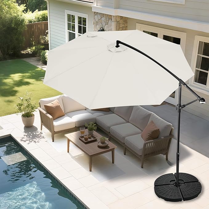 FLAME&SHADE 10ft Cantilever Patio Umbrella Outdoor, Large Offset Umbrella with Crank and Cross Base, UPF 50+ UV Protection Hanging Umbrella for Pool Deck Garden, Ivory
