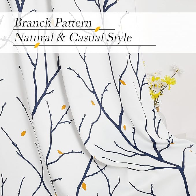 NICETOWN Branch Fall Curtains for Living Room 84 inches Long, Grommet Blackout Light Blocking Thermal Curtains & Drapes Artistic with Flower Petals for Bedroom, Navy Blue, 2 PCs, W52 x L84