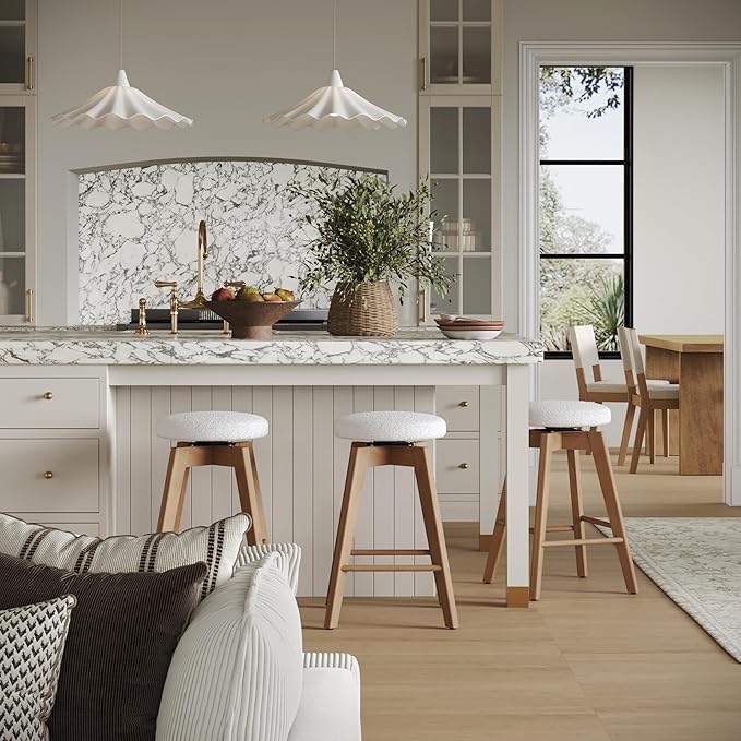 Nathan James Amalia Bohemian Swivel Bar Stool, Backless Counter Height Boucle Counter Stool with Solid Wood Legs and Upholstered Seat, White Oak Set of 3
