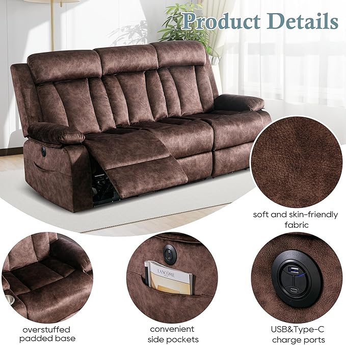 GUEAPY Power Reclining Sofa – 3 Seater Reclining Couch with Massage & Heat, Drop-Down Table, USB & Type-C Charging Ports, Cup Holders, Dutch Velvet,Power Sofa for RV，Media Room & Living Room