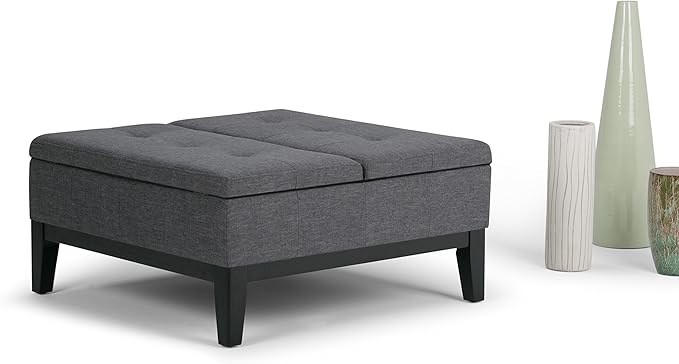 SIMPLIHOME Dover 36 inch Wide Contemporary Square Coffee Table Storage Ottoman in Slate Grey Linen Look Fabric, Assembled, For the Living Room and Bedroom