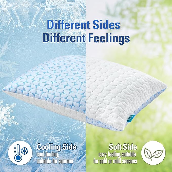 QUTOOL Firm Pillow Shredded Memory Foam, Cooling Pillow for Hot Sleeper, Adjustable Bed Pillow for Side Back Stomach Sleepers, Washable Cover, CertiPUR-US Certified, King Size Set of 2