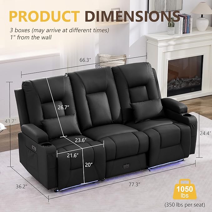 URRED Power Loveseat Recliner Sofa with Console, Wall Hugger Reclining Loveseat RV Couch with LED Light, 150° Zero Gravity Recliners Modular Couches for Living Room (Black, 77.3'' - 3 Seats)