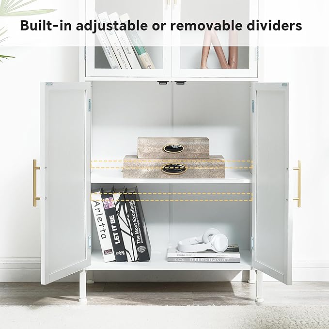 Arched Bookcase Book Shelf with Glass Doors, 5 Tier Display Bookshelf Tall Cabinet with Storage, Industrial Floor Standing Bookshelves Open bookcases for Home Office, Living Room(White)