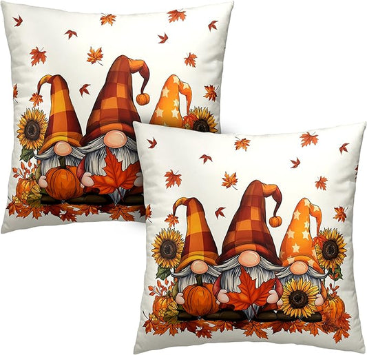 Fall Gnome Pillow Covers 18x18 Set of 2 Pumpkin Sunflower Maple Leaves Throw Pillow Covers Autumn Pillow Case Thanksgiving Cushion Case for Home Decor Couch Sofa