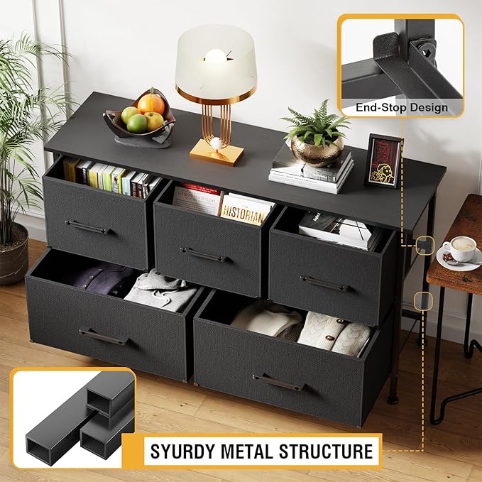 FDW 5 Fabric Drawers Dresser for Bedroom,Chest Organizer Units with Steel Frame and Wooden Top for Bedroom,Closet,Living Room, Entryway,Black