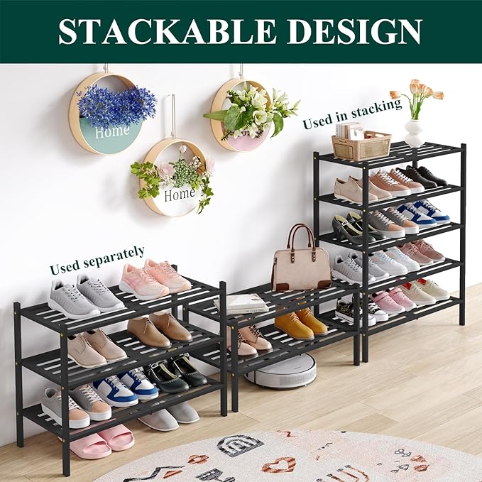 Smiry Bamboo Shoe Rack 6-Tier, Stackable Wooden Shoe Organizer for Entryway & Closet, Free Standing Wood Shoe Storage Shelf for Front Door & Small Spaces, Black