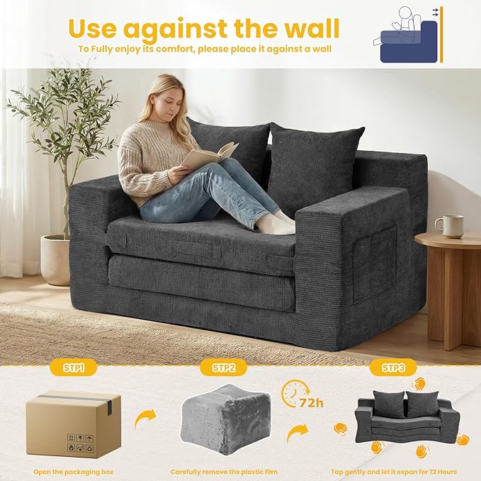 Boneless Couch,Boneless Loveseat Sleeper Sofa Bed – 3-in-1 Convertible Couch Bed with Side Pockets & Handle,Pull Out Futon for Small Space,Living Room & Bedroom,2 Pillows Included,No Assembly