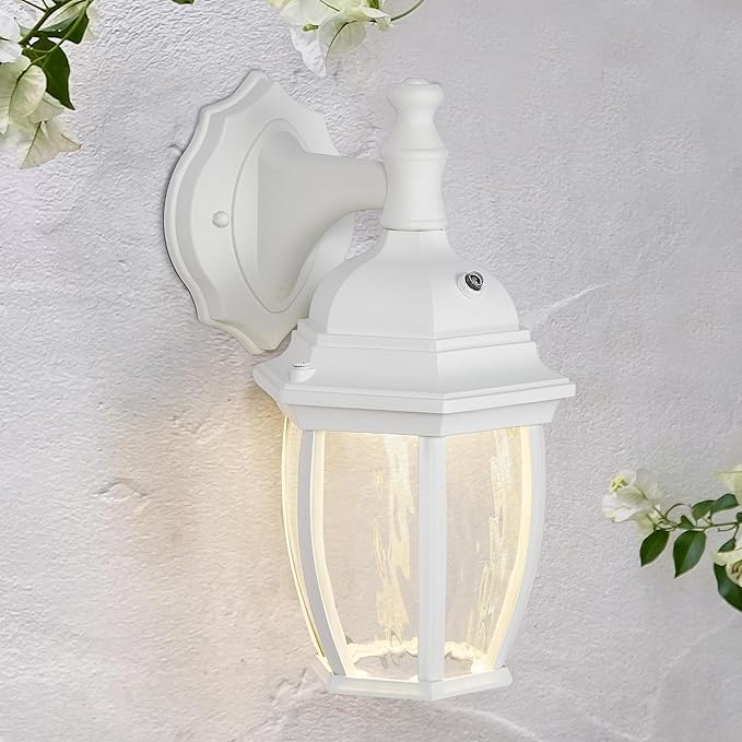 Maxxima LED Outdoor Wall Light - Features Clear Water Glass, 3000K Warm White, 580 Lumens, Dusk to Dawn Photocell Light Sensor, Patio or Porch Sconce Fixture, Ideal for Exterior Decor Lighting - White