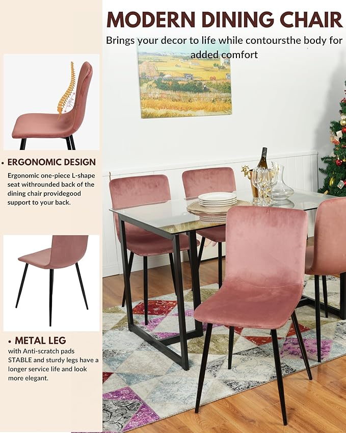 FurnitureR Scandinavian Dining Chairs Set of 4, Comfy Side Chair with Velvet Seat Sturdy Metal Legs for Kitchen Living Bed Room, Rose
