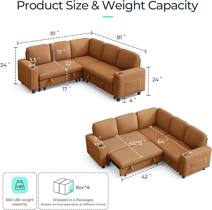 LINSY HOME Sectional Sleeper Sofa with Pull Out Couch Bed - Convertible Plush Corduroy Cloud Couch with Storage Chaise & USB Charging, Comfy L Shaped Modular Couches for Living Room Apartment, Brown