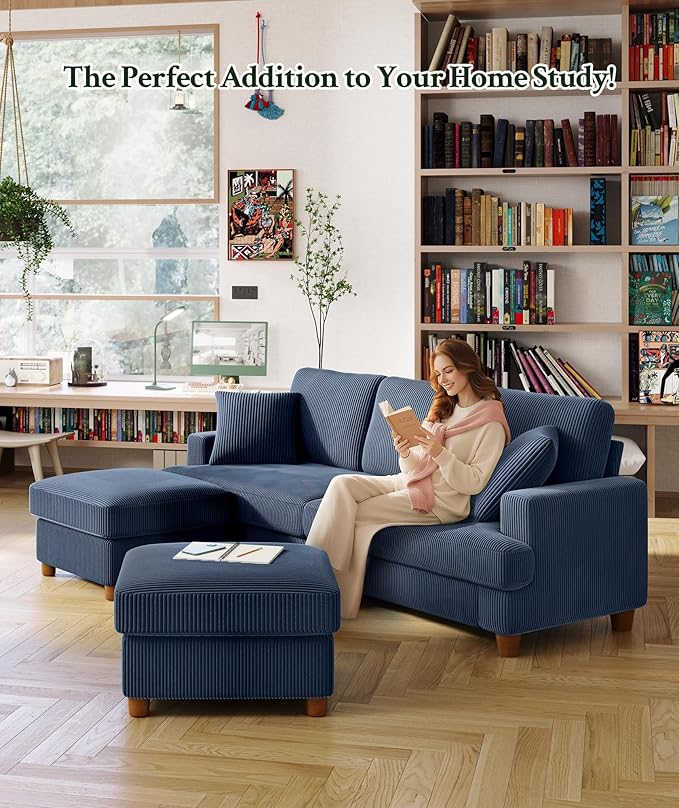 Welzona 25.2" Couches for Living Room, Comfy Blue Ottoman with Storage, Foot Rest Tool-Free Setup, Small Ottoman Foot Rest for Couch, Corduroy Couch for Bedroom, Apartment, Office