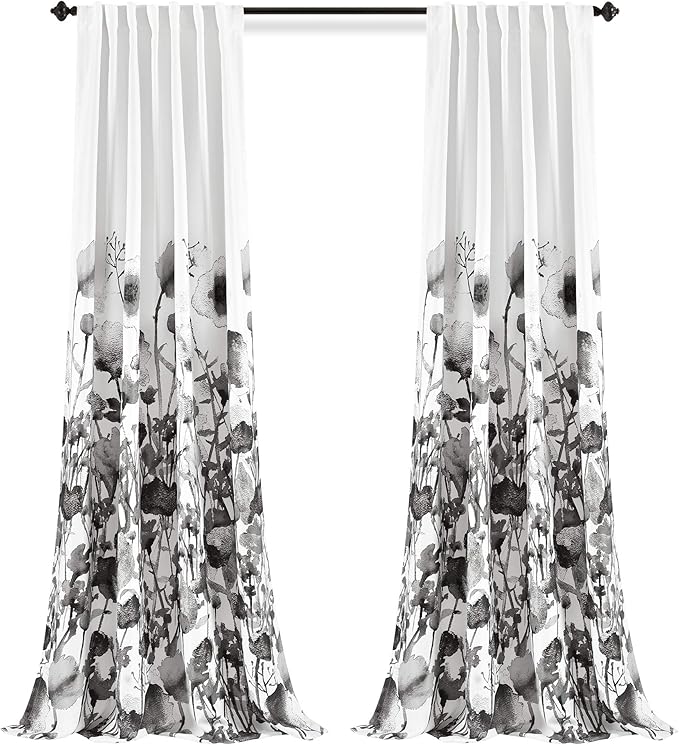 Lush Decor Zuri Flora Light Filtering Window Curtain Panel Pair, 52" W x 84" L, White & Black