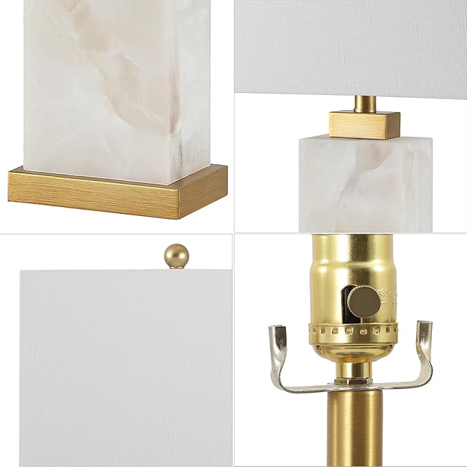 JONATHAN Y 27.5" White/Gold Modern Alabaster LED Table Lamp for Home Decor, White Linen Shade, Coastal Nightstand Lamp with Built-in Base Accent Light JYL6201A