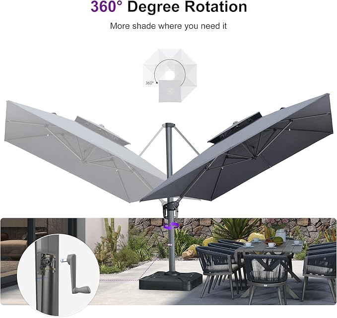 PURPLE LEAF Cantilever Umbrella with Base Included 10' X 13' Outdoor Patio Rectangular Umbrella with Double Top Large Heavy Duty 360° Rotation Offset for Deck Backyard Pool Cast Slate