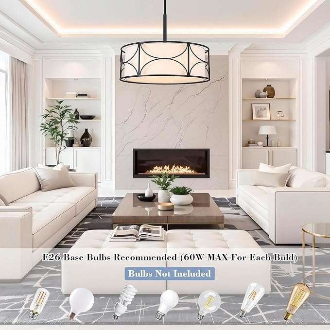 20" Drum Chandelier - Large Black Dining Room Light Fixtures 5-Lights Modern White Fabric Chandelier Farmhouse Drum Pendant Light Fixtures for Kitchen Island Living Room