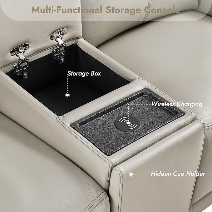 Watson & Whitely Power Reclining Sofa and Loveseat Sets, Genuine Leather Sofa Recliner Couch Set with Power Headrest, Storage Console, USB Ports, Cup Holders, Living Room Furniture Set, Grey