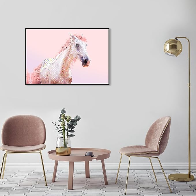 Country Farmhouse Canvas Print Painting Animal Wall Art 'Pink Glam Horse' Black Framed Canvas Rustic Home Décor 36x24 in Pink, White by Oliver Gal