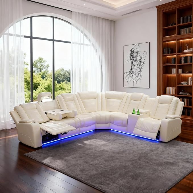 Electric Power Recliner Sectional with Quiet Adjustable Seating, Air Leather Couch for Home Theater Experience, Wireless Power, Cup Holders, Storage Design for Modern Living Room, White