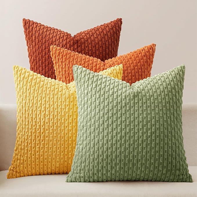 MIULEE Burnt Orange Decorative Throw Pillow Covers for Couch Modern Striped Cushion Covers Soft Corduroy Pillowcase Home Decor for Bed Sofa Living Room 20x20 Inch Set of 4 Yellow Orange