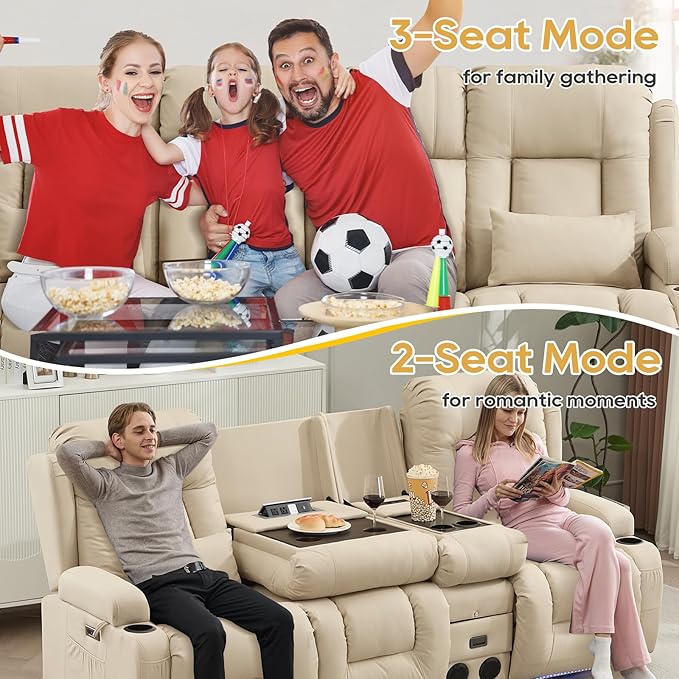 IPKIG Power Recliner Sofa with Flip-Up Backrest Console, USB & USB-C Ports, AC Outlet, LED Lights, Wall Hugger Recliners for Living Room, RV (Beige, 89" - 4 Seat) | Leathaire Fabric, Zero Gravity, Dual Reclining, 2 Lumabr Pillow, Bluetooth Speakers