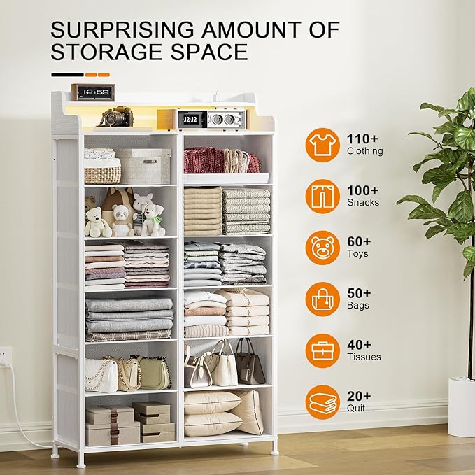 REAHOME Dresser for Bedroom with Charging Station and LED Lights, 12 Drawers Dresser TV Stand with Wooden Top, Tall Fabric Chest of Drawer with Sturdy Frame for Closet, Living Room, Hallway, White