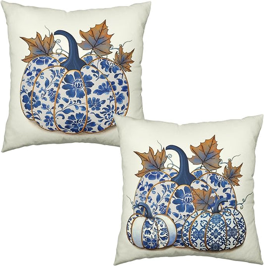 Fall Blue and White Porcelain Color Pumpkin Pillow Covers 20x20 Set of 2 Autumn Chinoiserie Grandmillennial Decorative Throw Pillow Covers for Home Couch Sofa