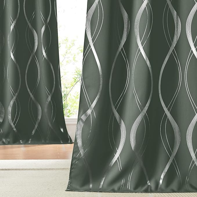 NICETOWN Blackout Curtains 84 inch Length 2 Panels Set, Dark Mallard, 52" x 84", Noise Reducing Thermal Insulated Wave Line Foil Print Design Blackout Curtains for Hall Closet Villa Door