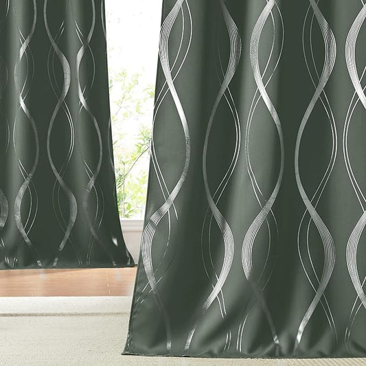 NICETOWN Blackout Curtains 84 inch Length 2 Panels Set, Dark Mallard, 52" x 84", Noise Reducing Thermal Insulated Wave Line Foil Print Design Blackout Curtains for Hall Closet Villa Door