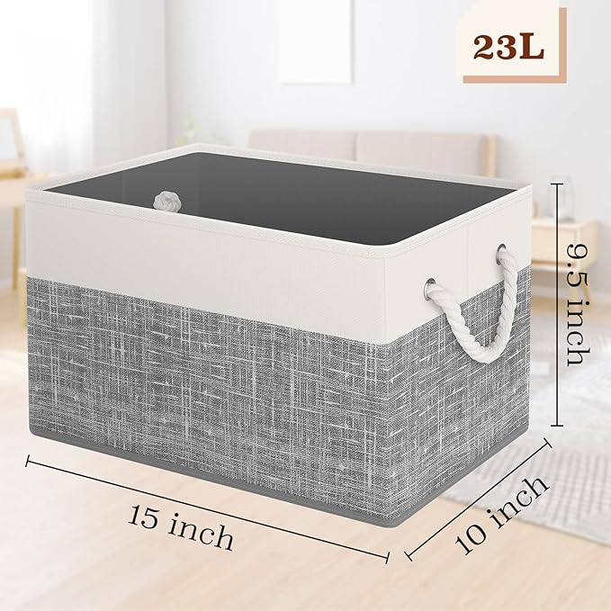Storage Bin,Collapsible Storage Basket For Organizing,Large Storage Boxes With Rope Handles,Storage Containers,White & Grey,6 Pack