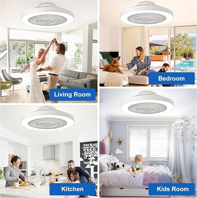 Depuley Modern Ceiling Fan with Light: 19" Bladeless Flush Mount Low Profile LED Ceiling Fans with Remote & Smart APP Control - White Enclosed Fandelier Dimmable Quiet DC Motor for Bedroom Kids Room