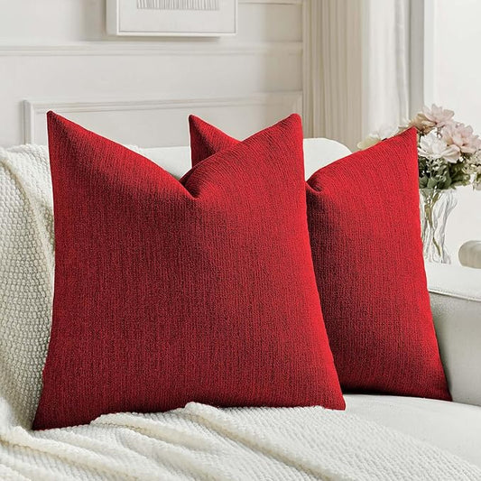FUTEI Red Chenille Decorative Throw Pillow Covers 22x22 Inch Set of 2,Soft Cozy Faux Linen Textured Cushion Case,Farmhouse Home Decor for Couch Living Room