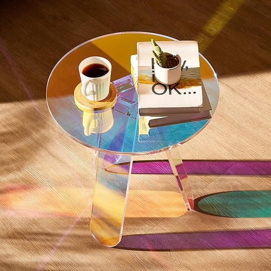 VEVOR Round Iridescent Side Table, Acrylic End Table, Clear Rainbow Acrylic Coffee Table for Drink, Food, Snack Used in Living Room, Bedroom, and Study