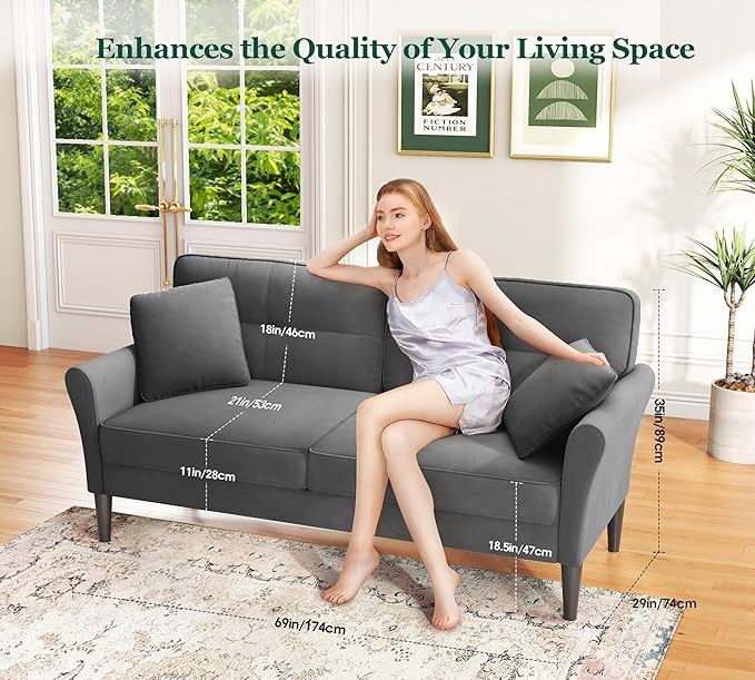 Loveseat Sofa, 69" Love Seat Couches, Comfy Velvet Small Couches for Small Spaces with 2 Pillows, Tool-Free Setup Sofas & Couches, 700lb Load Sofas for Living Room, Mini Couch for Bedroom, Charcoal
