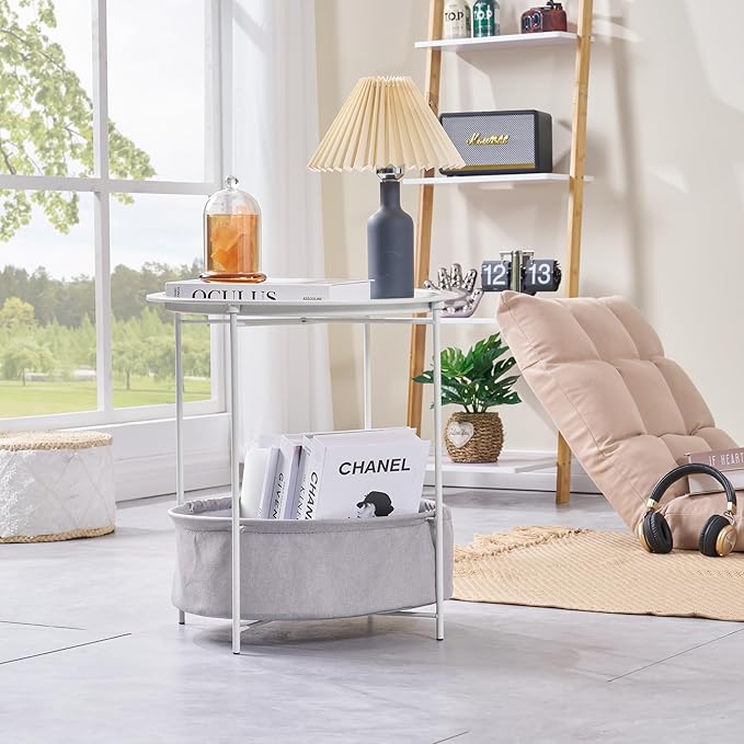 VECELO Round Side/End Table with Fabric Storage Basket，Metal Anti-Rust and Waterproof Small Bedside Nightstand with Removable Tray Top for Living Room，Balcony & Laundry，Beige/1pcs with Basket