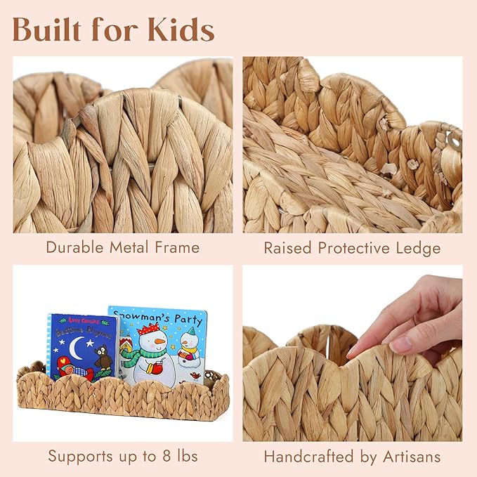 4 Pack Nursery Book Shelves, Scalloped Water Hyacinth Book Shelf for Kids Rooms, Handwoven Floating Book Shelves for Wall, 15.8” Wicker Hanging Bookshelf for Books, Toys, Photo Frames, Nursery decor