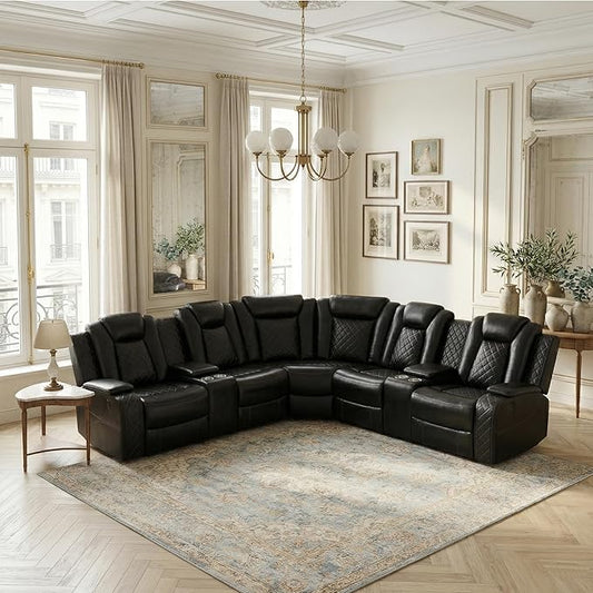 Power Reclining Sectional Sofa, Black Leather Couch with Recliners, Air Leather Sofa Couch with LED Lights/USB Port/Cup Holder for Living Room/Apartment/Office